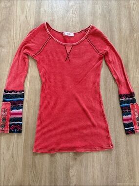 Able Long-Sleeve Ribbed Henley Top with Patterned Cuffs